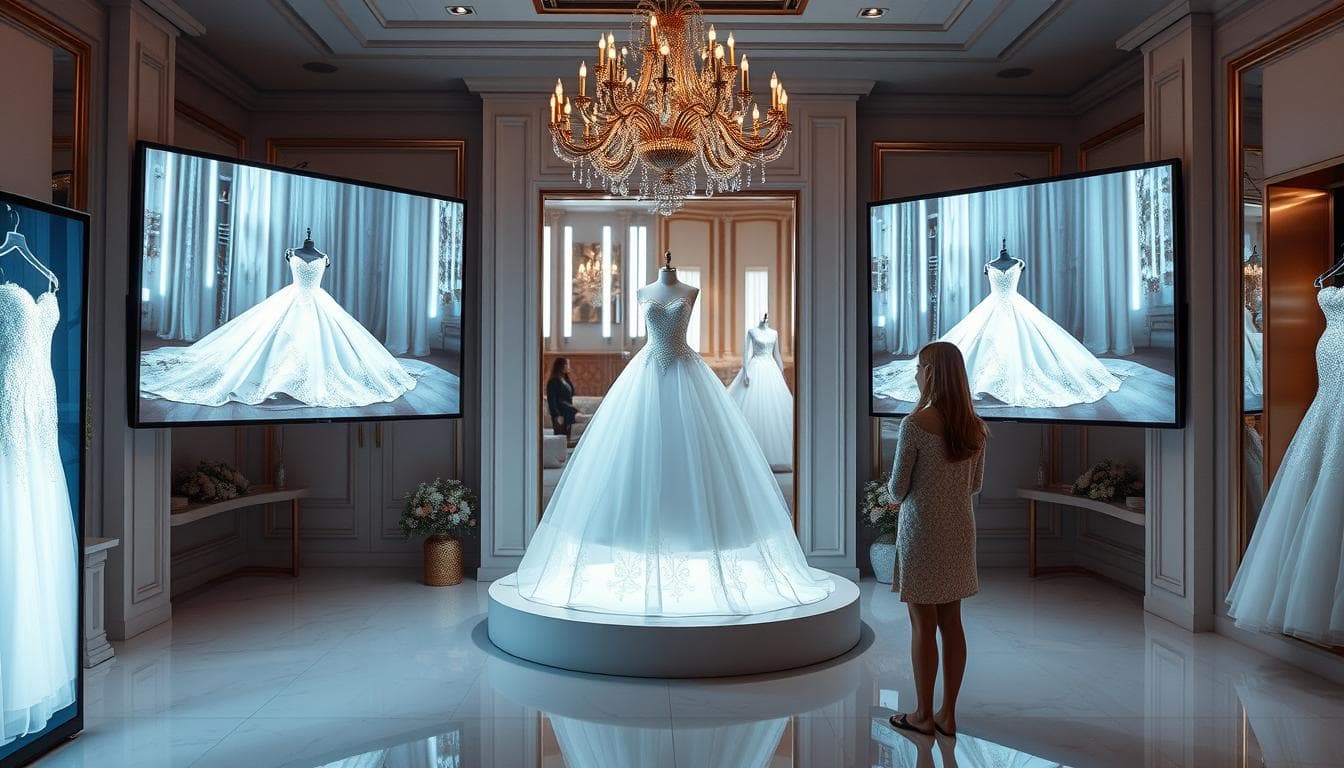 Bridal boutique using AI wedding dress videos in store display