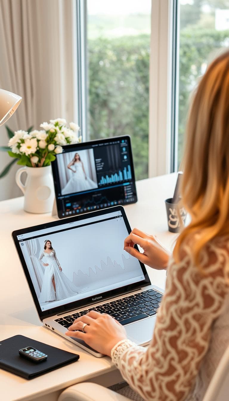 Fashion influencer creating AI wedding dress content